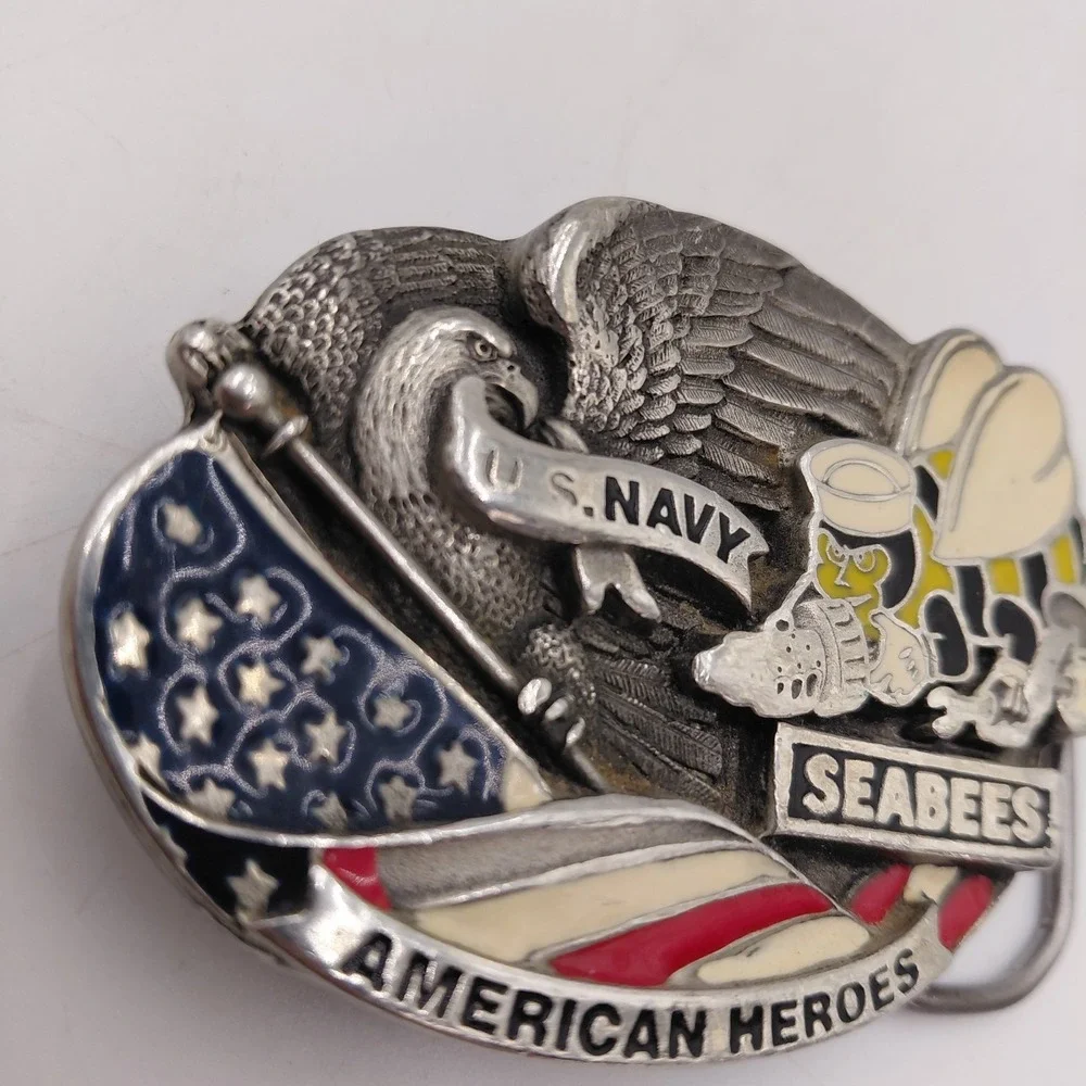American Heroes U.S Navy SEABEES Eagle Flag Patriotic Solid Pewter Belt Buckle